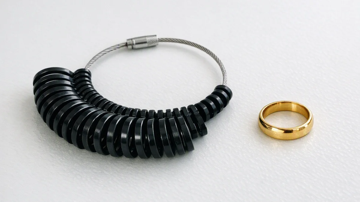 Ringmått med storleksringar bredvid guldring